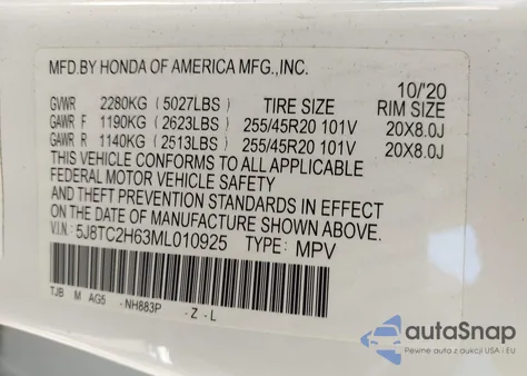 2021 Acura Rdx A-Spec Package z USA, uszkodzony, nr VIN 5J8TC2H63ML010925